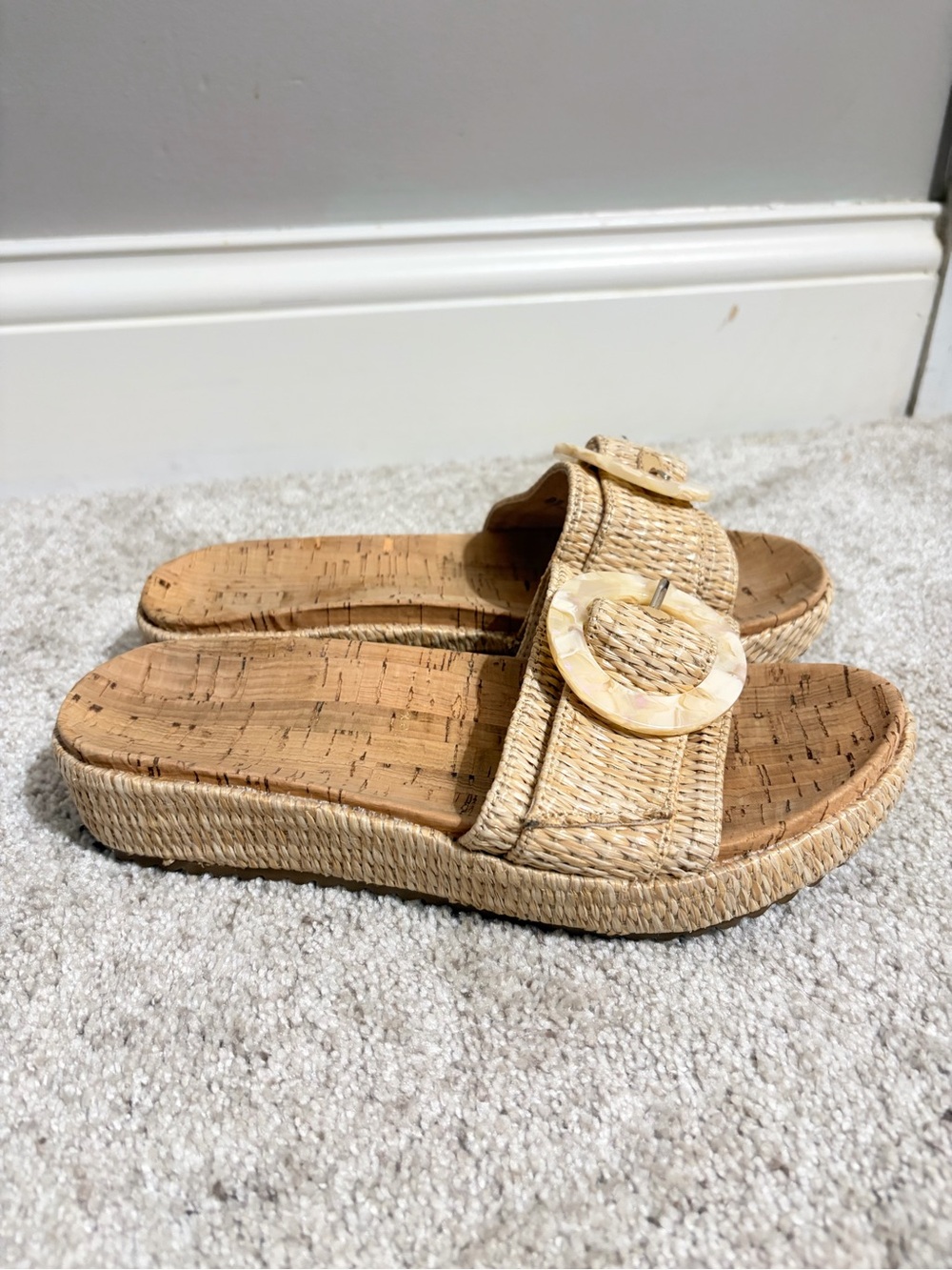 Anne Klein Natural Straw Woven Slide Sandals with Buckle